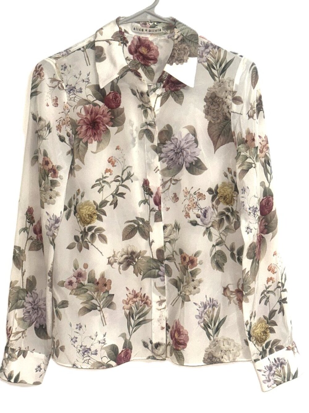 Alice + Olivia Willa Floral Silk Blouse Top XS EUC Cream Botanical Button Down